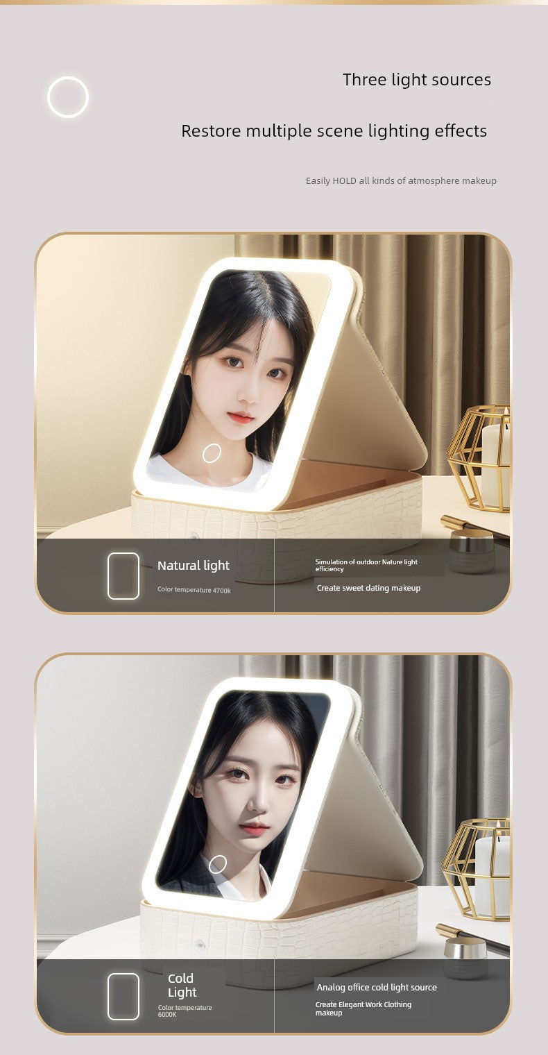 Travel Bag Mirror Desktop Desktop Cosmetic Mirror Portable with Light Women Portable Foldable Led Storage Box