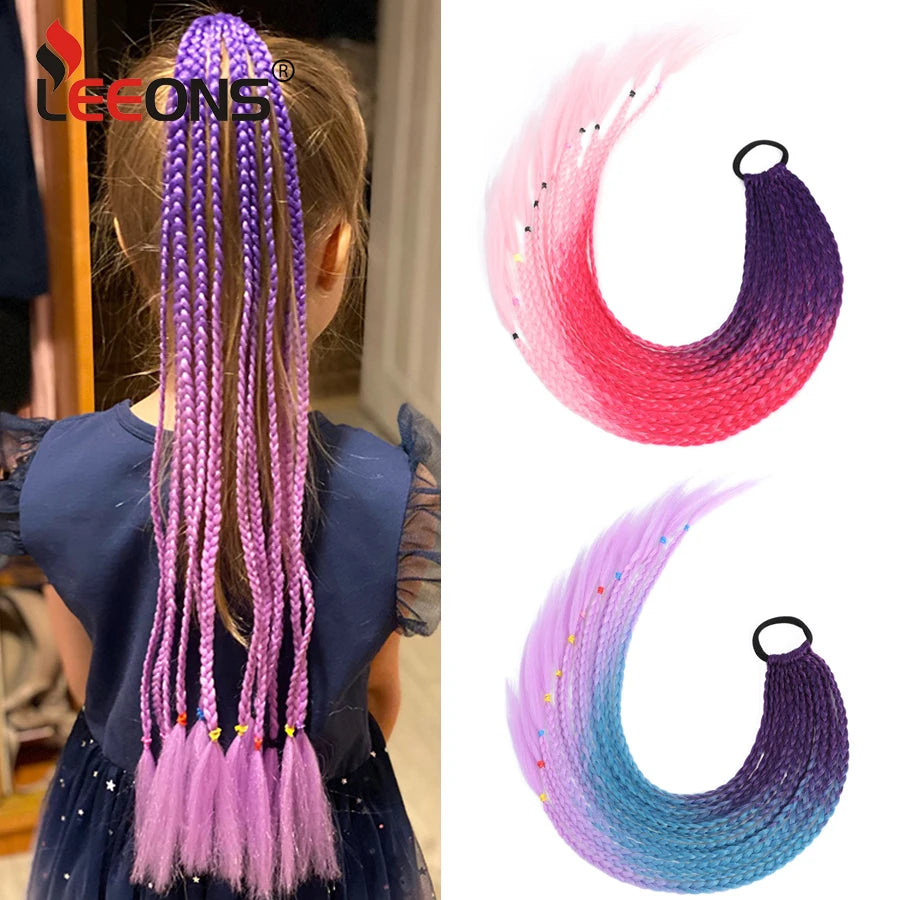 Synthetic 24 Inch Long Colored Box Braids Hair Ponytail With Rubber Bands Rainbow Twist Braided Highlights Ponytail For Women