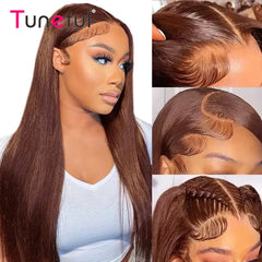 Premium Chocolate Brown Colored 13x4 HD Lace Front Human Hair Wigs Raw Indian Straight Human Hair Wigs HD Lace Frontal Wigs