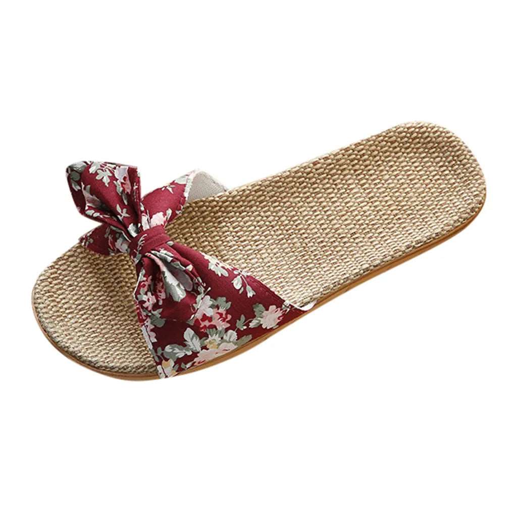 2024 Women Slippers Flip Flops Female Bowknot Sweet Shoes Flax Beach Linen Slippers Shower Quick Drying Leisure Ladies Slippers