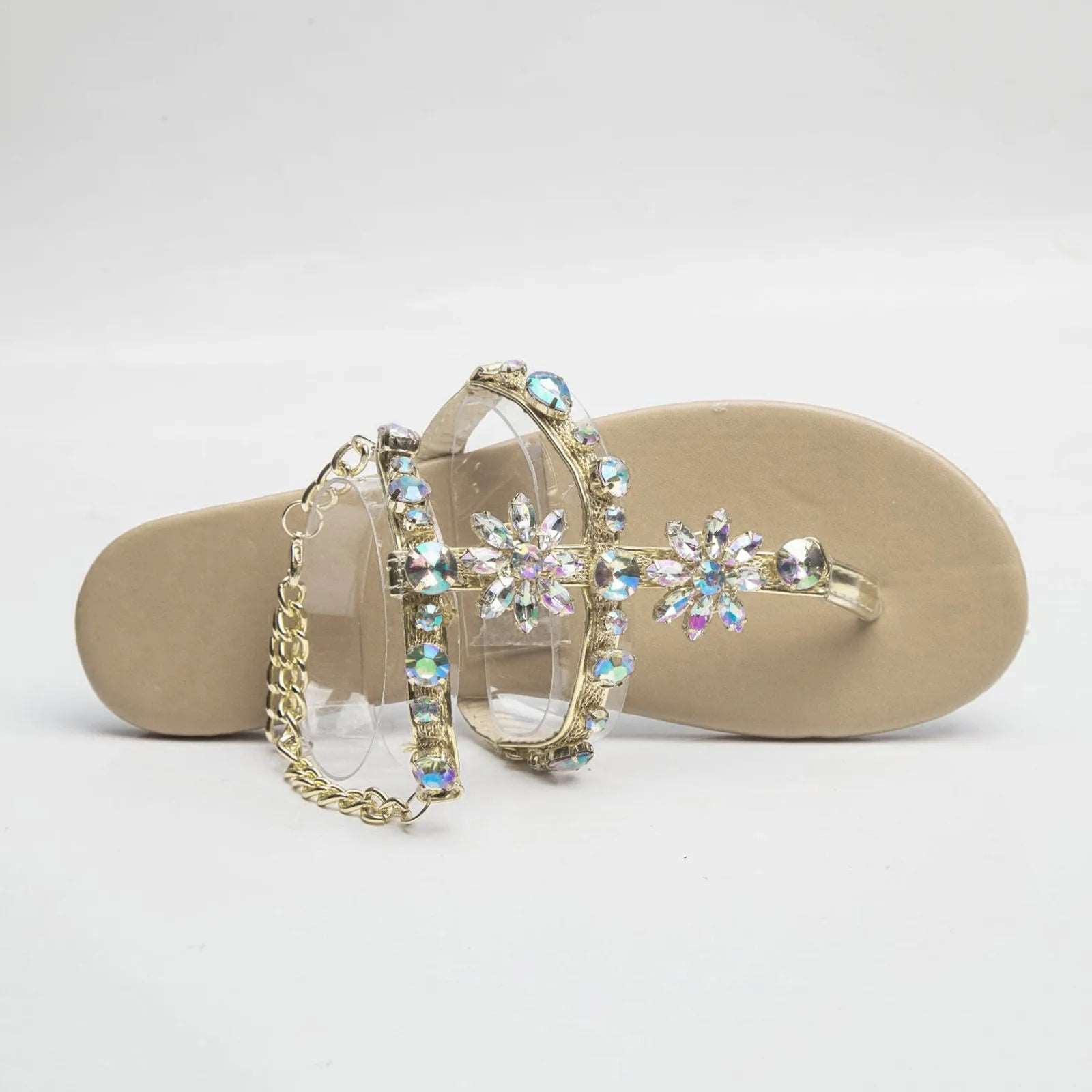 2023 Summer New Women Sandals Casual Flats Rhinestone Round Toe Sandals Buckle Strap Shoes Bohemian Style Flat Sapatos Feminino