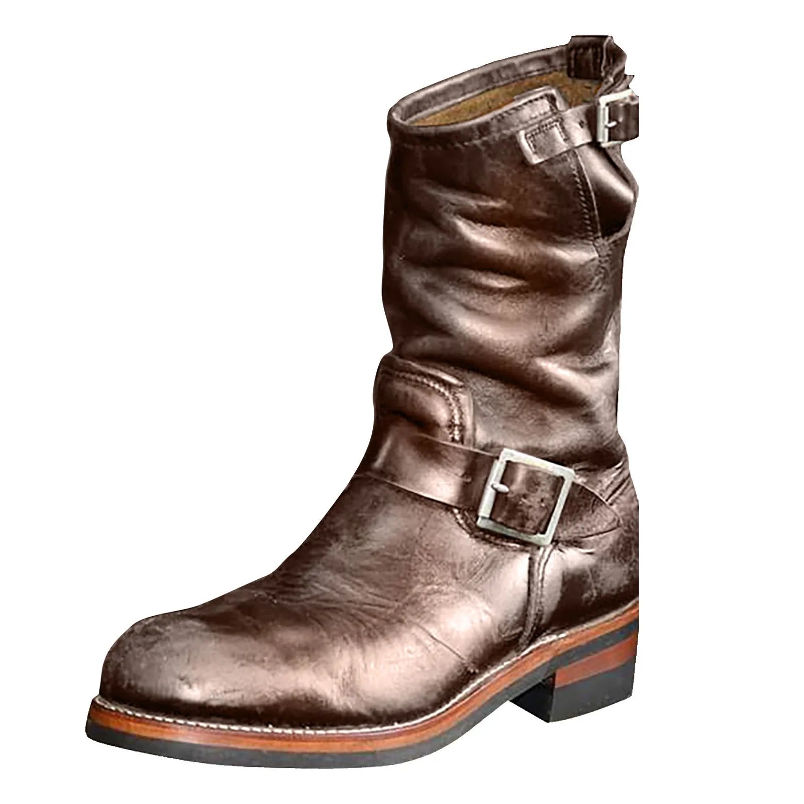 Men Boots Cowboy Rider Boots Belt Buckle Square Heel Mid Calf Winter PU Western Motorcycle Boots Work Safety Shoes