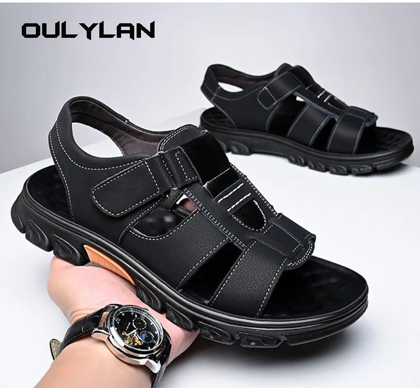 Male Summer Sandals Men's Beach Shoes Open Toe Slippers Outdoor Non-Slip Thick-soled Leather Sandals 2024 Men Outdoor Sandals