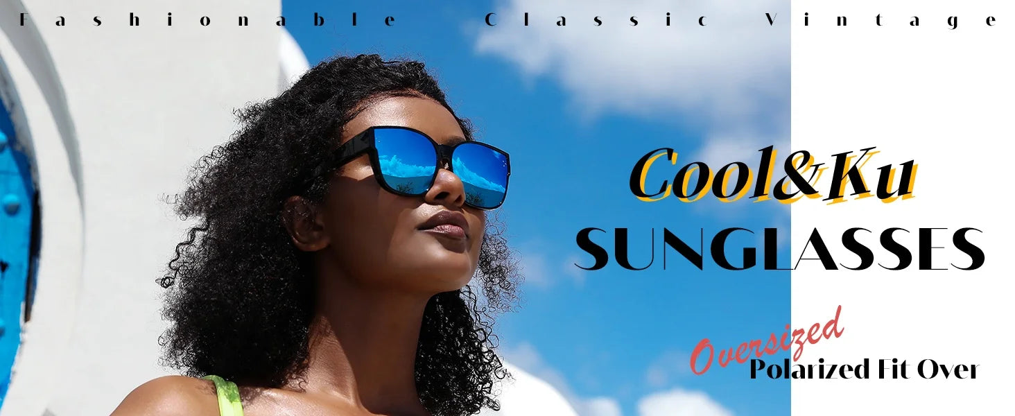 Cool&Ku Women Men Polarized Fit Over Sunglasses Oversized Trendy Square Cat Eye Wear Over Glasses