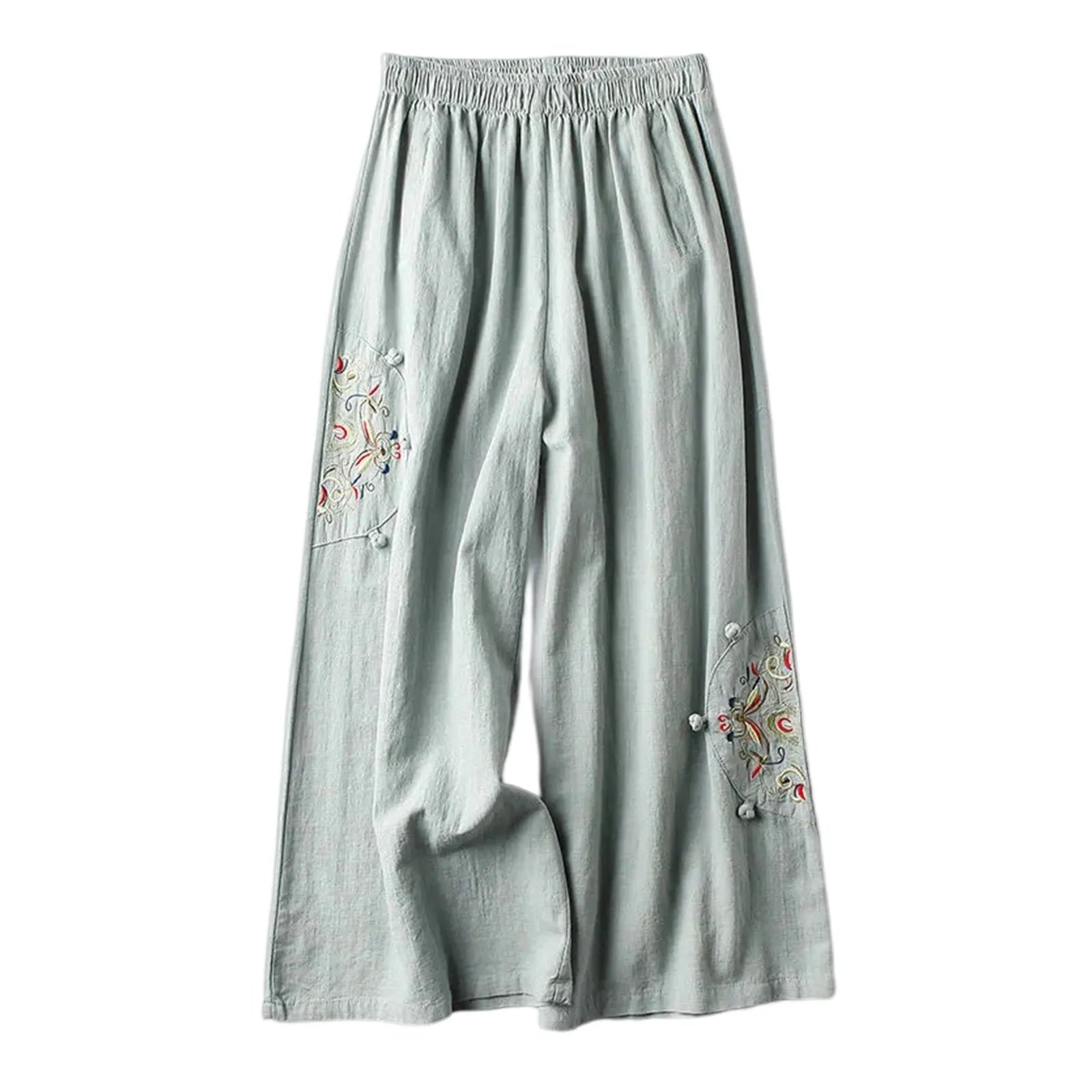 Women Ethnic Style Casual Pants For Women Embroidered Elastic Waist Wide Leg Trousers Women Pantalones Cotton Linen Culottes