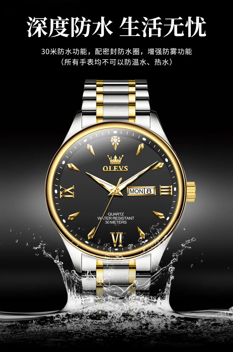 OLEVS Fashion Brand Original Men's Watches Week Calendar Luminous Quartz Watch for Men Waterproof Stainless Steel Strap Business