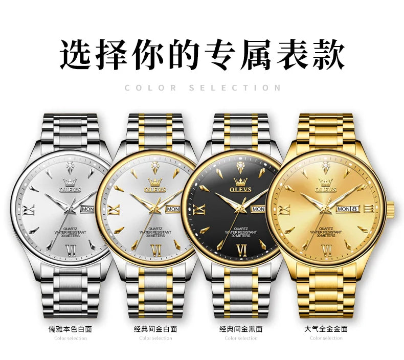 OLEVS Fashion Brand Original Men's Watches Week Calendar Luminous Quartz Watch for Men Waterproof Stainless Steel Strap Business