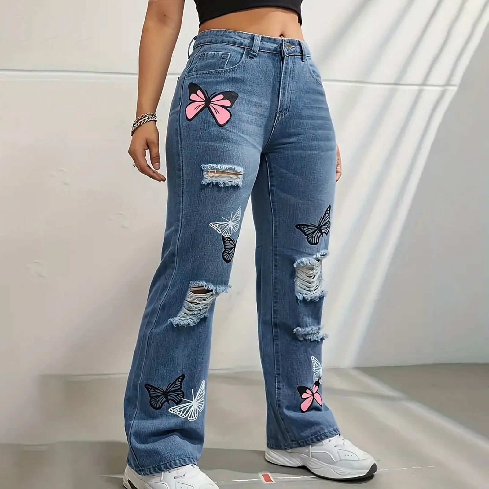 Women's High Waist Button Up Butterfly Print Jeans Fashion Casual Straight Pants for Women Spring Summer 2024 Chic Ripped Jeans