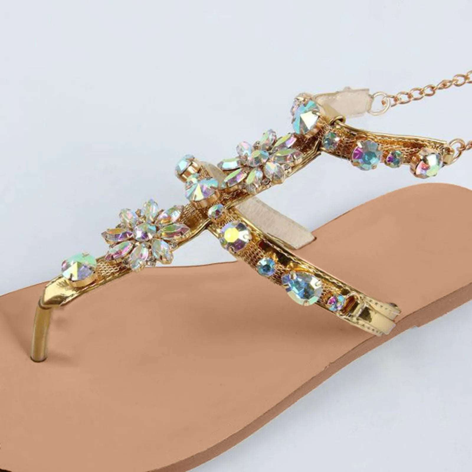 2023 Summer New Women Sandals Casual Flats Rhinestone Round Toe Sandals Buckle Strap Shoes Bohemian Style Flat Sapatos Feminino