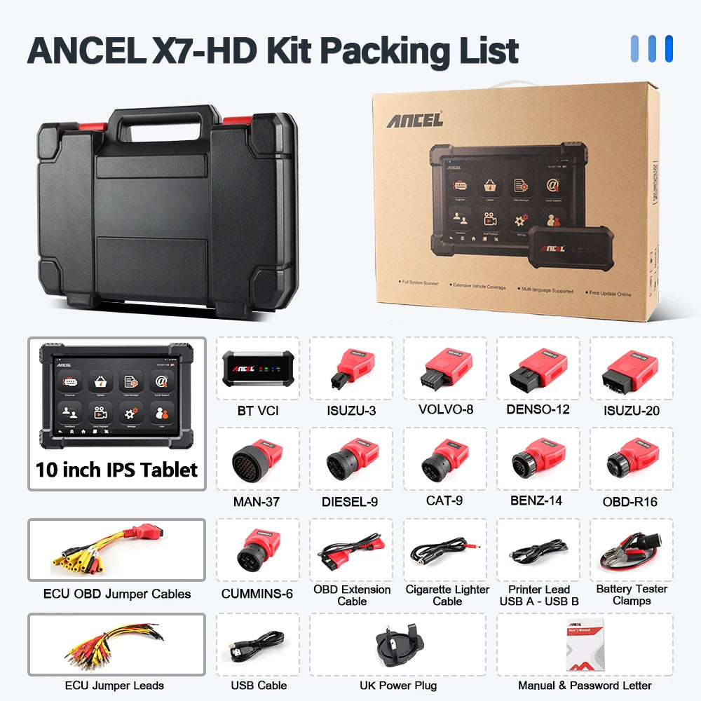 ANCEL X7 HD Heavy Duty Truck Diagnostic Tool Full System 12V 24V EPB ABS Oil Reset SAS DPF Regen TPMS ECU OBD2 Truck Scanner