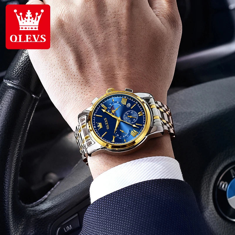 OLEVS Men's Watch Luxury Brand Quartz Watch Classic Lunar Phase Waterproof Skeleton Chronograph Code Watch Business Men's Watch