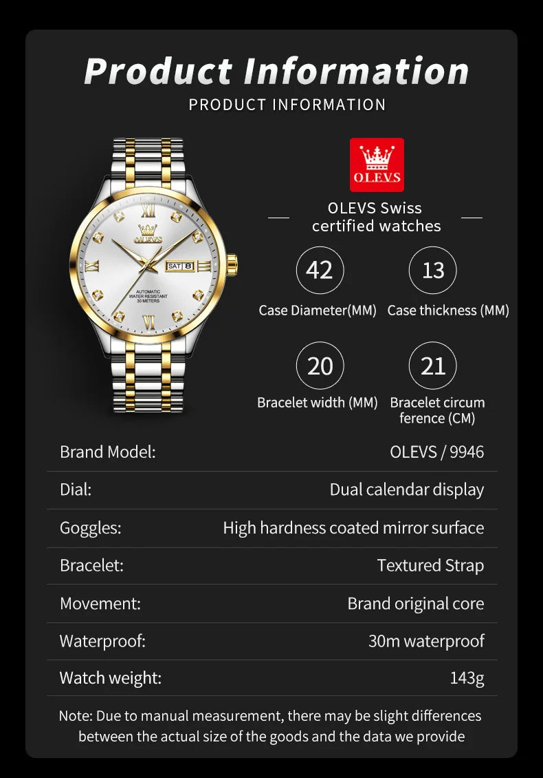 OLEVS 9946 New In Automatic Mechanical Watch for Man Luxury Diamond Dial Dual Calendar Display Auto Date Clock Waterproof Watch