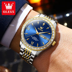 OLEVS 9922 Men's Watches Diamond Bezel Dual Calendar Display Clock Man Stainless steel Waterproof Business Dress Watch for Male