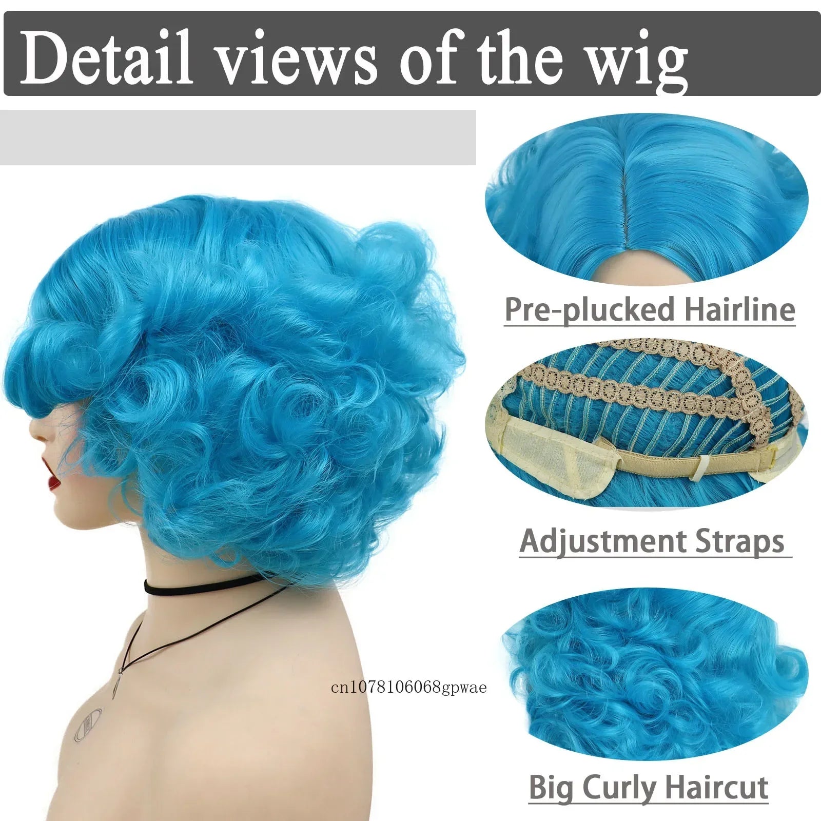 Synthetic Blue Wigs Cosplay Halloween Party Carnival Use Short Curly Wig for Women Natural Fluffy Hair Side Parting Hairstyle