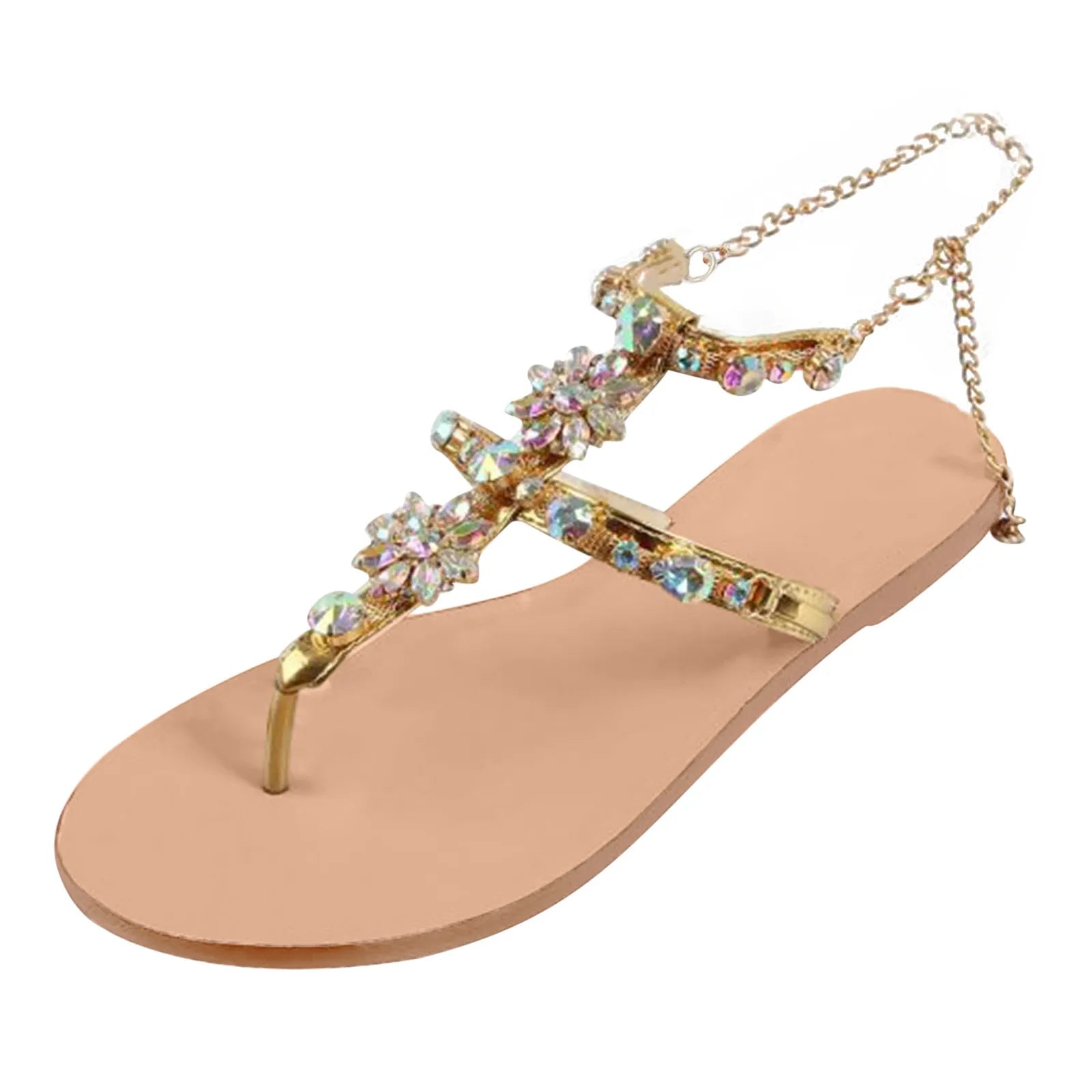 2023 Summer New Women Sandals Casual Flats Rhinestone Round Toe Sandals Buckle Strap Shoes Bohemian Style Flat Sapatos Feminino