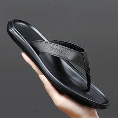 Fashion Men Flip Flops 2024 New Soft Bottom Non-slip Men Slippers Leather Casual Beach Summer Shoes Men Sandals Black