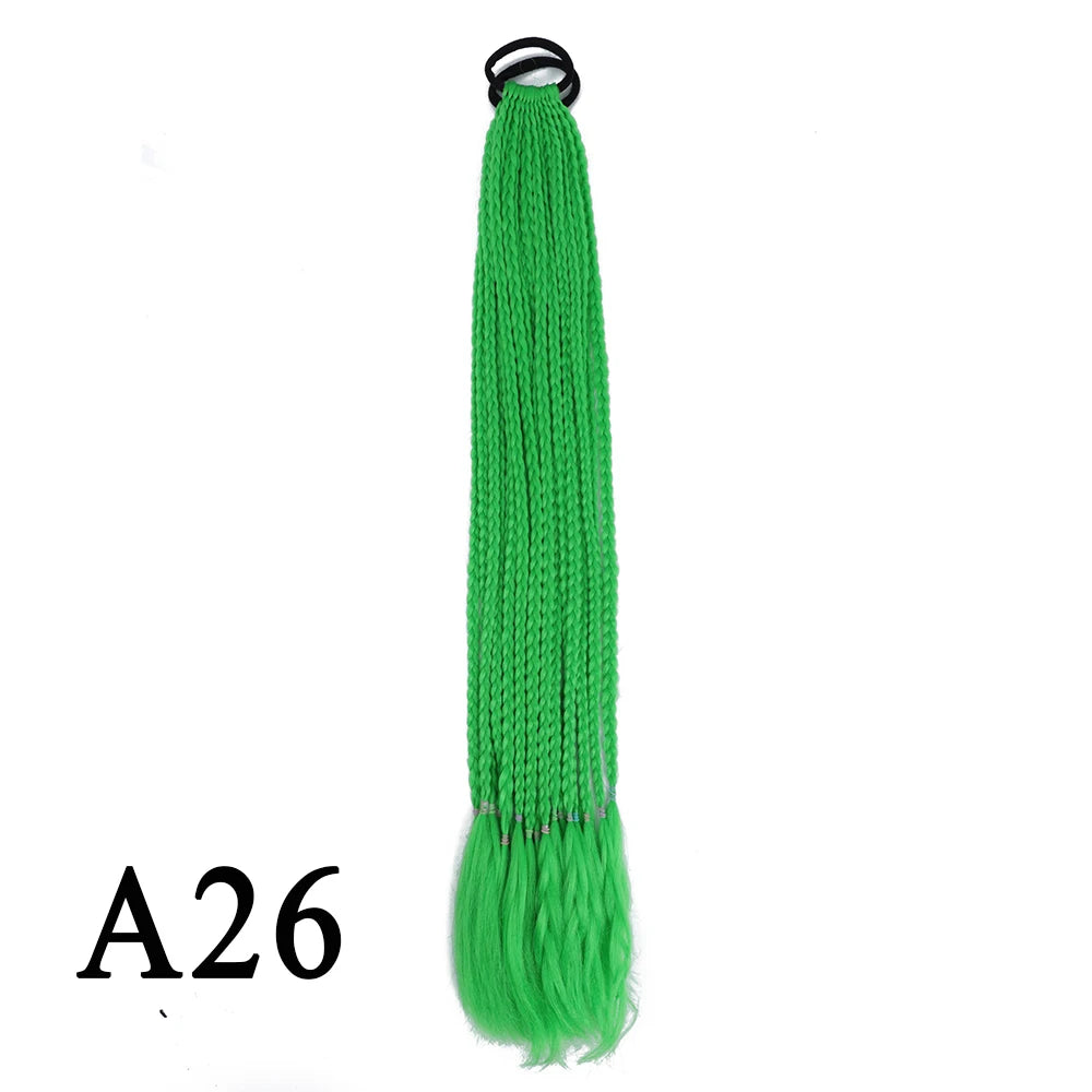 Synthetic 24 Inch Long Colored Box Braids Hair Ponytail With Rubber Bands Rainbow Twist Braided Highlights Ponytail For Women