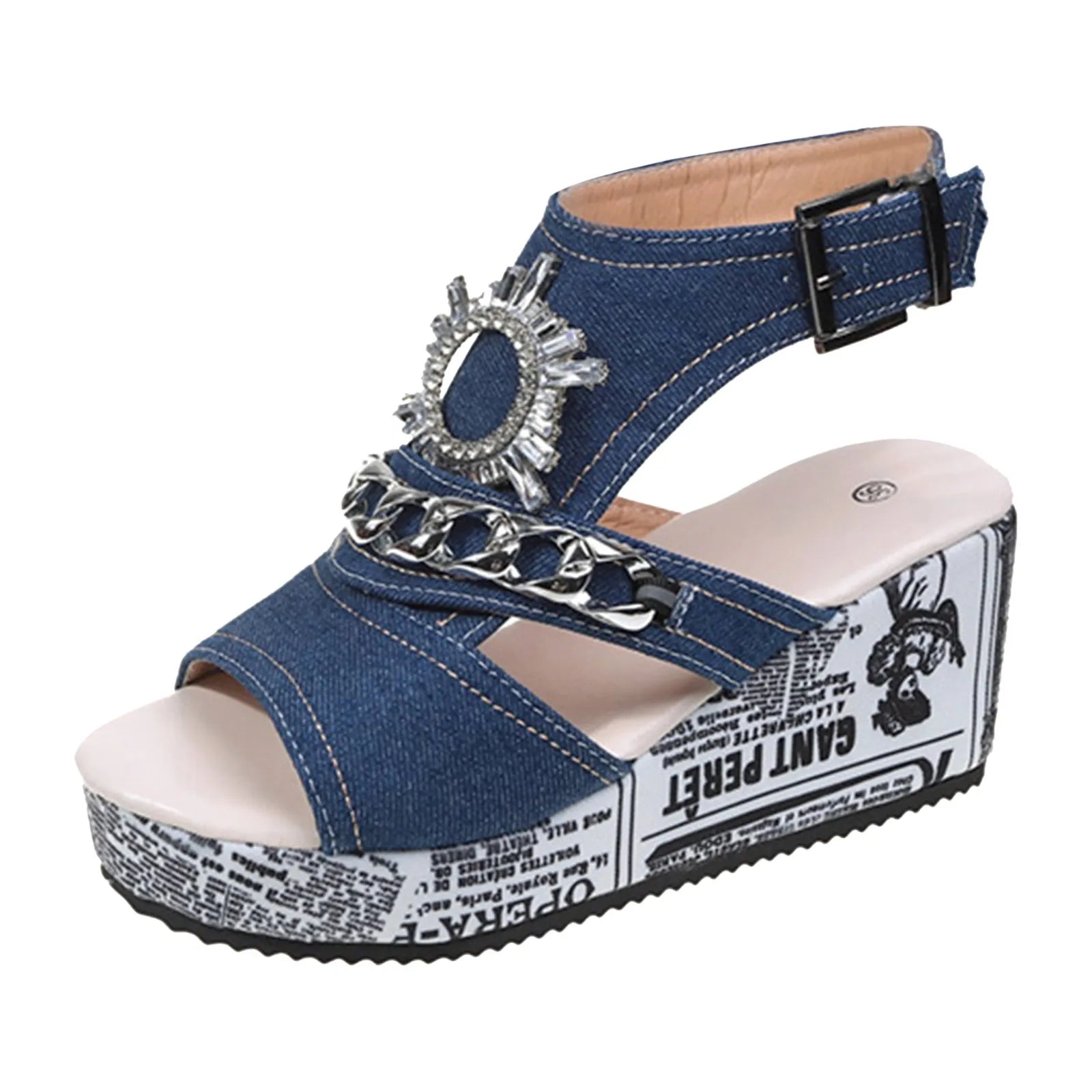 Summer Sandals Women 2024 Large Size Wedge Heel Denim Round Head Fish Mouth Sandals Comfortable Versatile Women Sandals On Offer