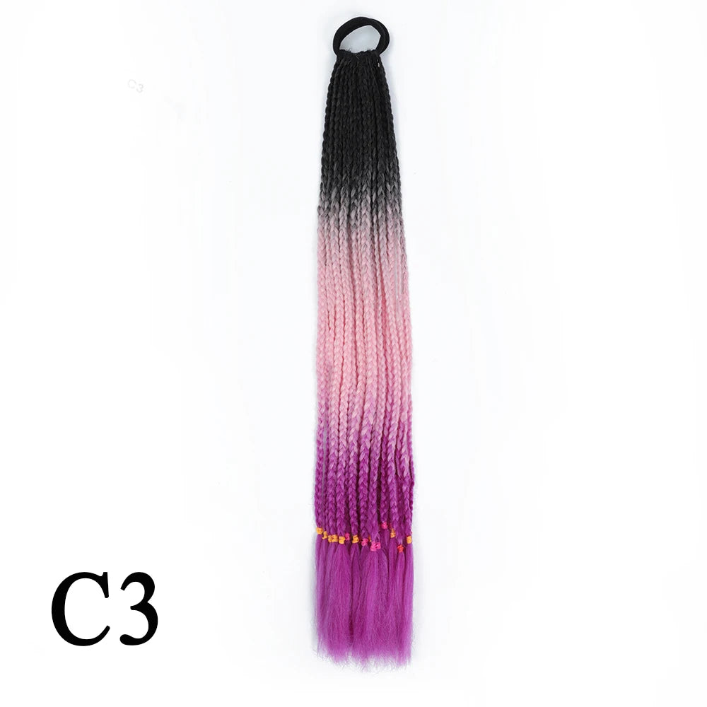 Synthetic 24 Inch Long Colored Box Braids Hair Ponytail With Rubber Bands Rainbow Twist Braided Highlights Ponytail For Women
