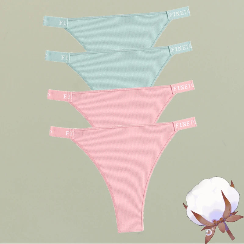 FINETOO 4Pcs/Set Cotton Letter Belt Underwear Women's Panties Sexy Low-Waist Bikini Underpants Female Breathable Briefs Lingerie