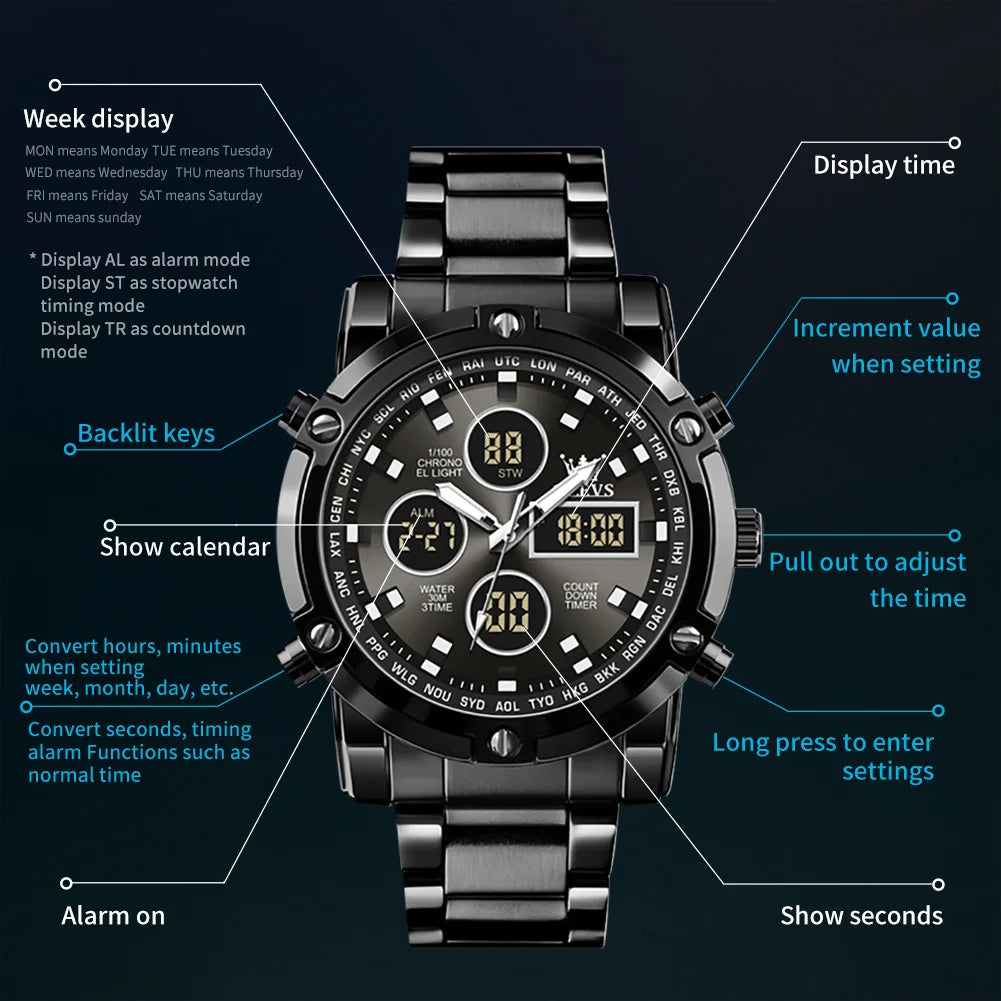 OLEVS Original Brand Men's Watches Waterproof Trendy Electronic Watch Multifunctional LED Luminous Fashion Stainless Steel