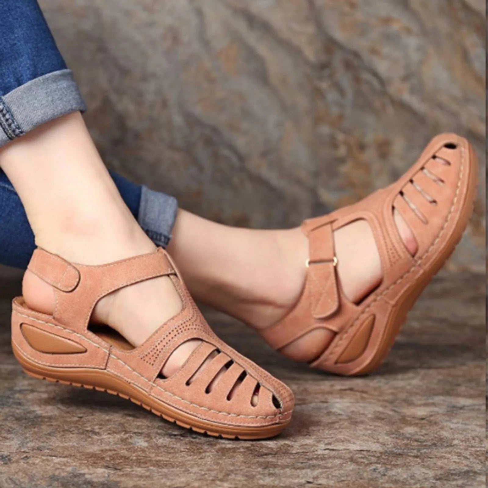 Thick Sole Sandals Woman Summer 2023 Leather Closed Toe Vintage Anti Slip Sandals Thick Sole Premium Shoes  Outdoor Female Shoes