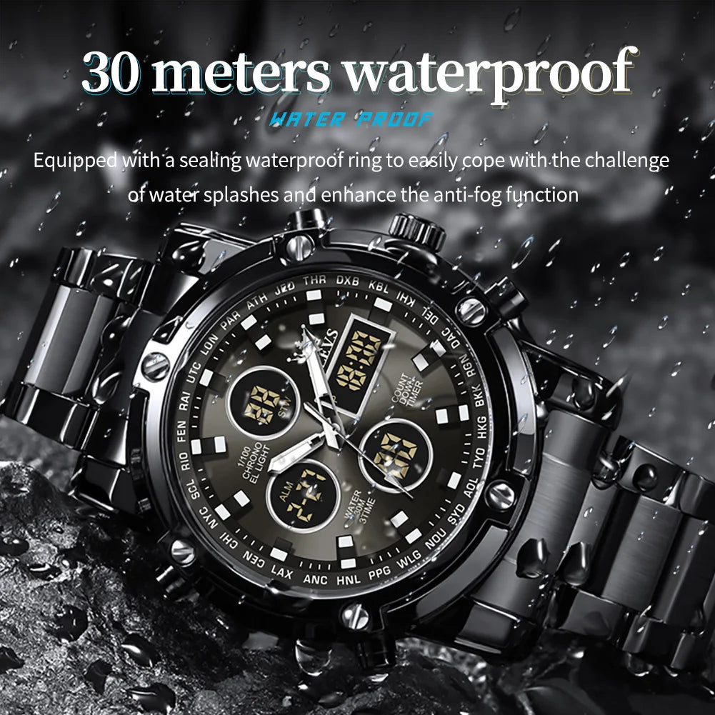 OLEVS Original Brand Men's Watches Waterproof Trendy Electronic Watch Multifunctional LED Luminous Fashion Stainless Steel