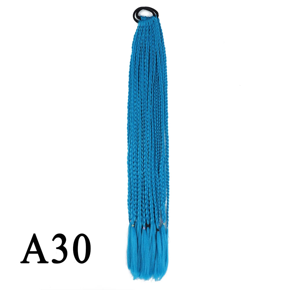 Synthetic 24 Inch Long Colored Box Braids Hair Ponytail With Rubber Bands Rainbow Twist Braided Highlights Ponytail For Women