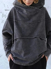 Tooling Loose Washing Denim Tops Autumn Splicing Long Sleeve Gray Hooded Sweater Street Hipster Solid Color Urban Leisure New