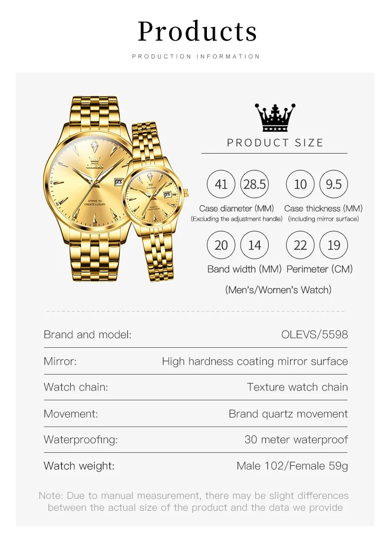 OLEVS 5598 Top Luxury Couple Quartz Watch Elegant Women's Stainless Steel Waterproof Luminous Date Fashion Watch Brand Men Watch