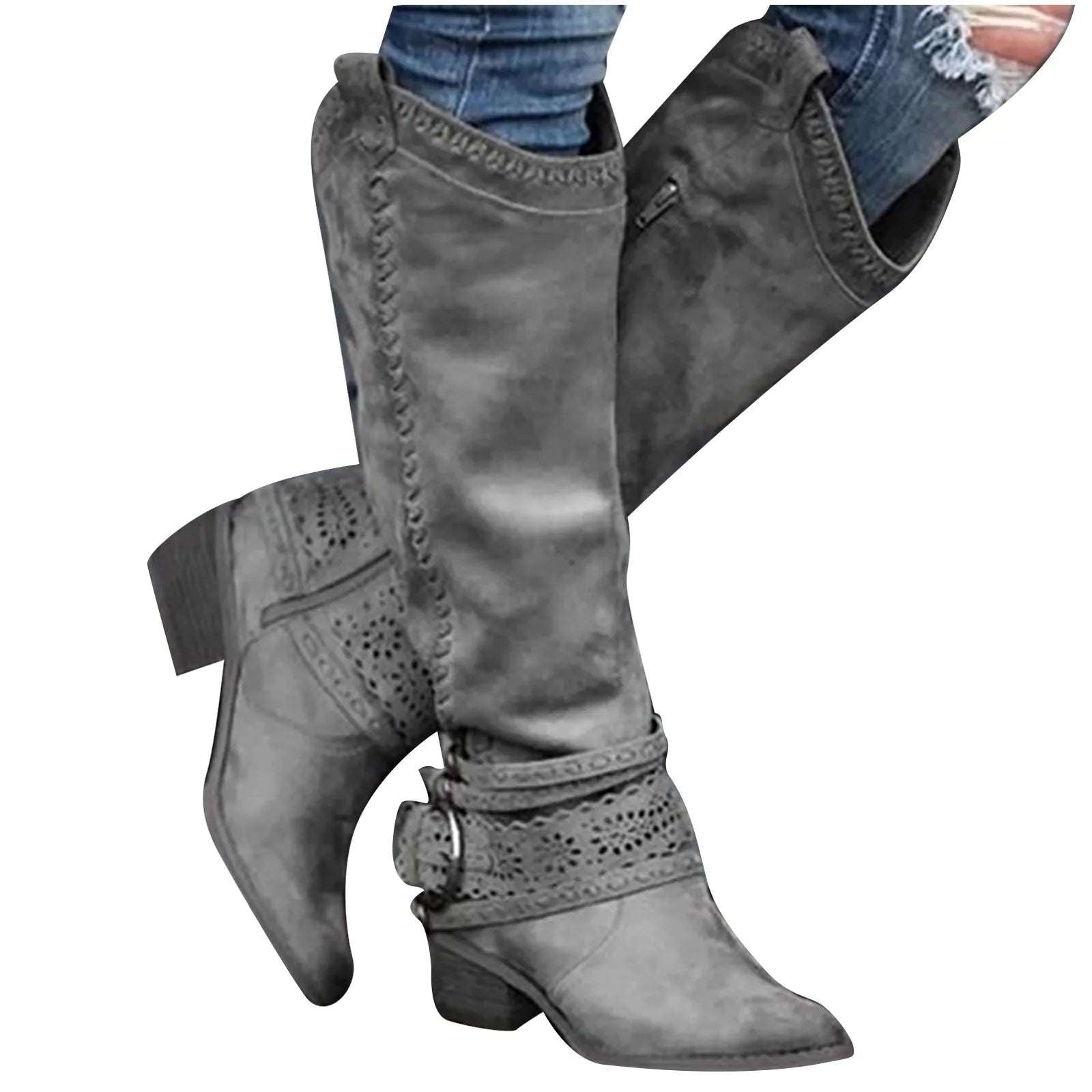 2023 New Western Cowboy Boots Buckle Ladies Low Heel Knee High Boots Retro Hollow Out Shoes Winter Female Shoes