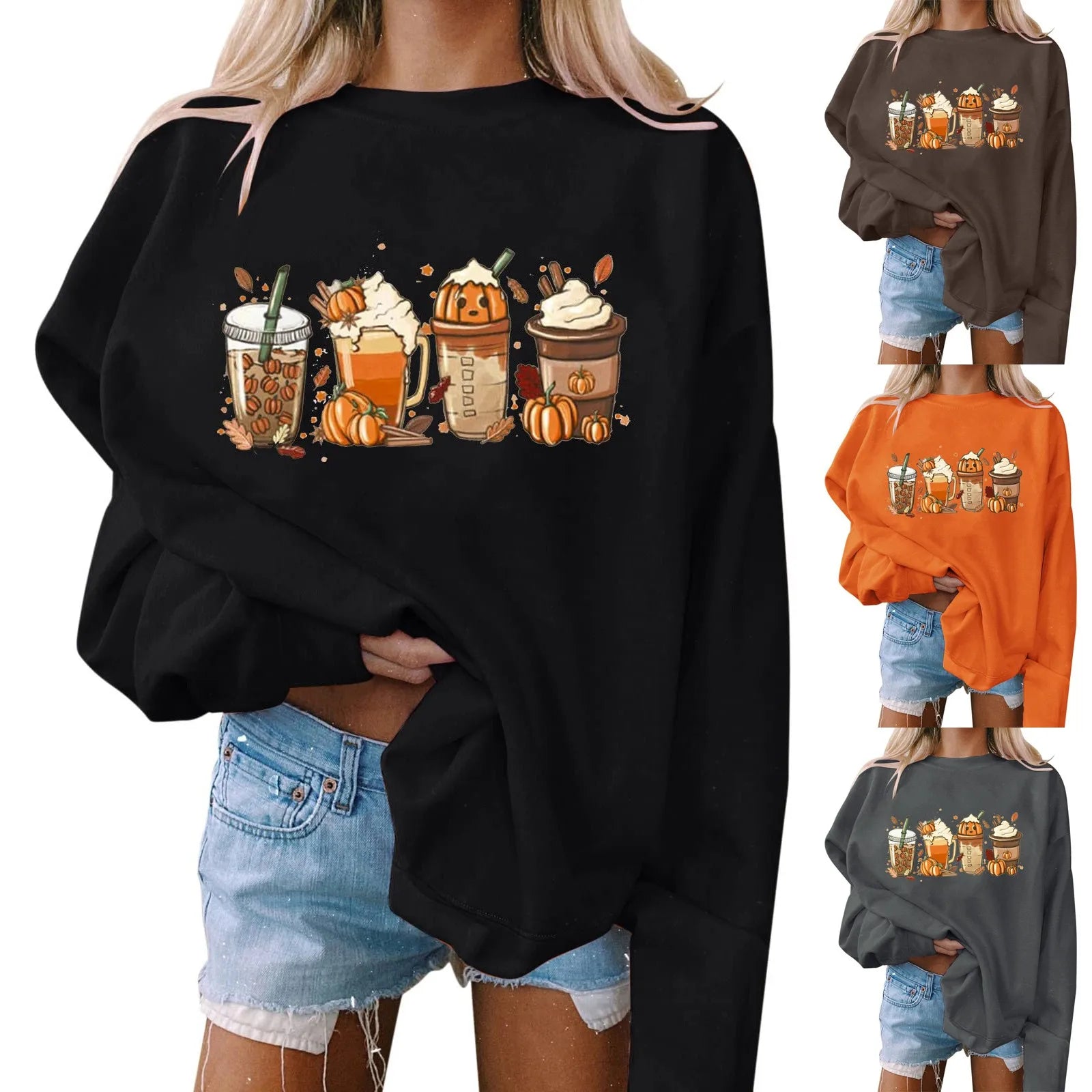 Women's Halloween Sweatshirt Colored Spooky Four Pumpkins Funny Autumn Women Long Sleeve Jumper Halloween Pullovers Top