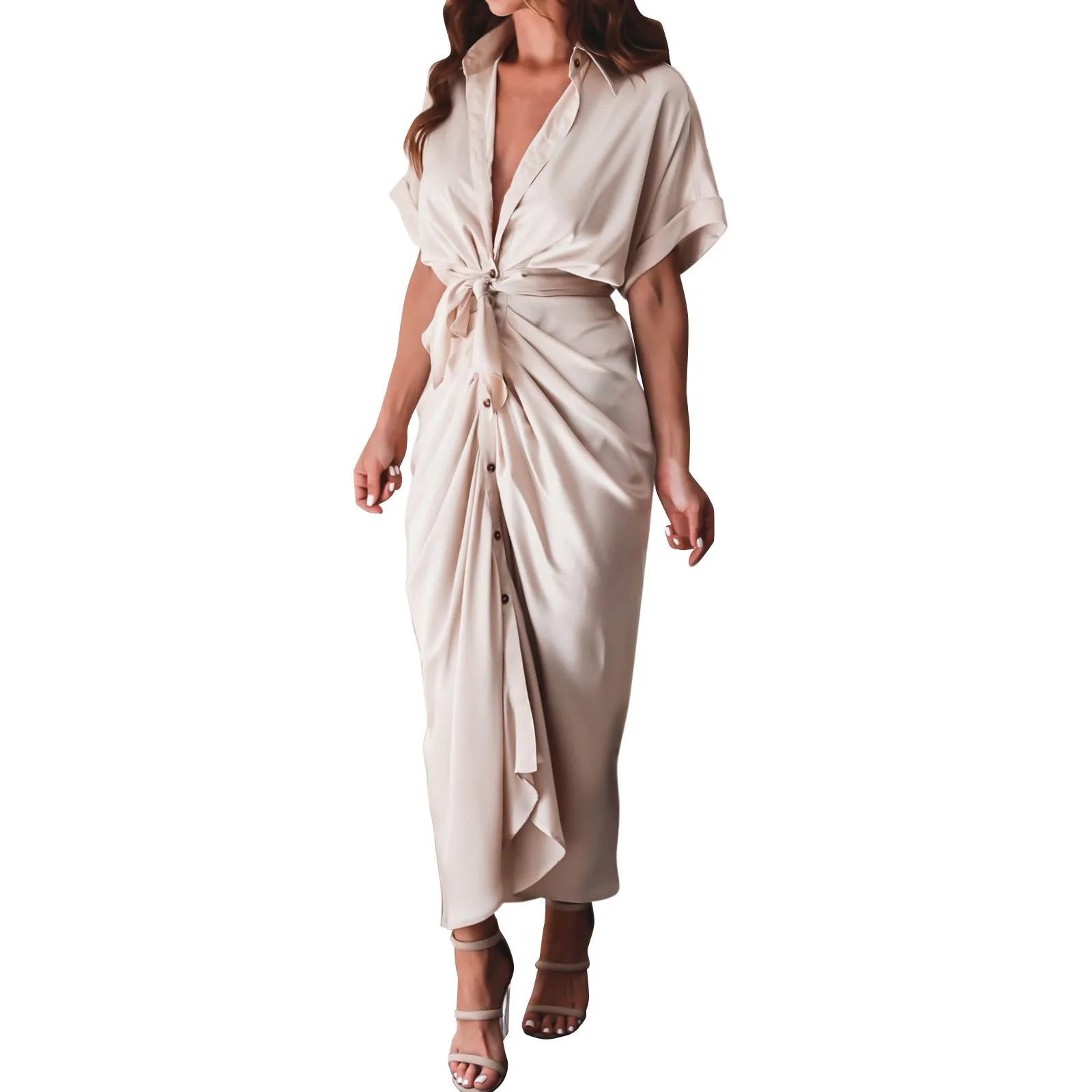 Formal Dresses For Wedding Guest Short Sleeve Long Dress Temperament Commuting High Waist Button Dress vestidos de graduación