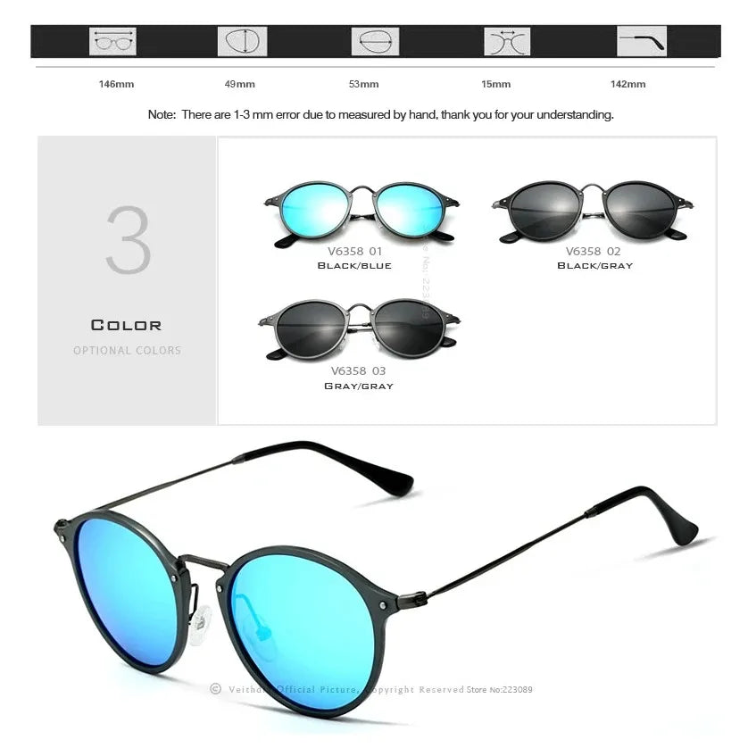 VEITHDIA Gafas de sol para hombre, gafas de sol unisex redondas de moda con revestimiento polarizado, gafas deportivas de espejo para conducir para hombre y mujer 6358