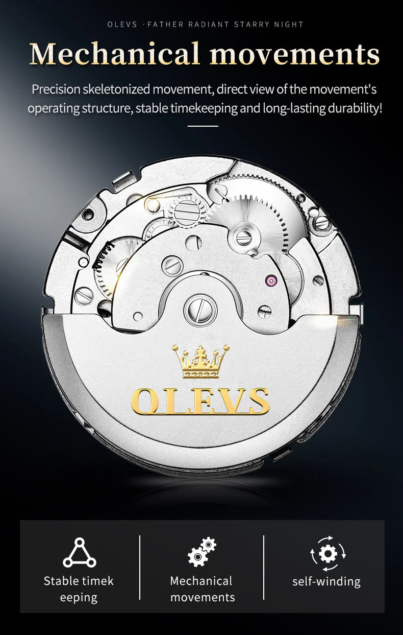 OLEVS Brand Automatic Mechanical Men Watches Waterproof Stainless Steel Strap Watch for Man Skeleton Calendar Hollow out Design