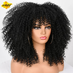 Kurze Afro-Lockenperücke mit Pony, synthetische, afrikanische, kleberlose, flauschige, schwarze, Ombre-braune, lockige Damenperücken