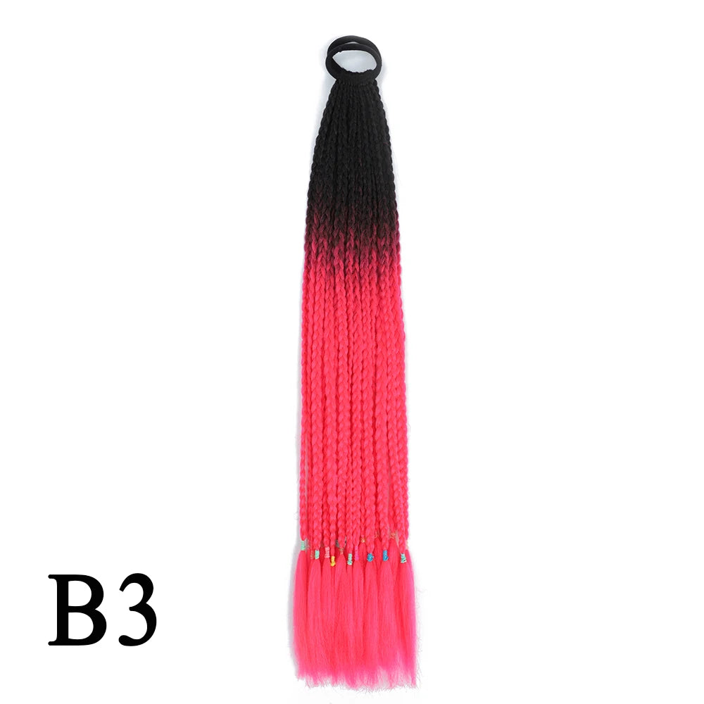 Synthetic 24 Inch Long Colored Box Braids Hair Ponytail With Rubber Bands Rainbow Twist Braided Highlights Ponytail For Women