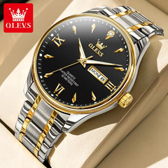 OLEVS Fashion Brand Original Men's Watches Week Calendar Luminous Quartz Watch for Men Waterproof Stainless Steel Strap Business