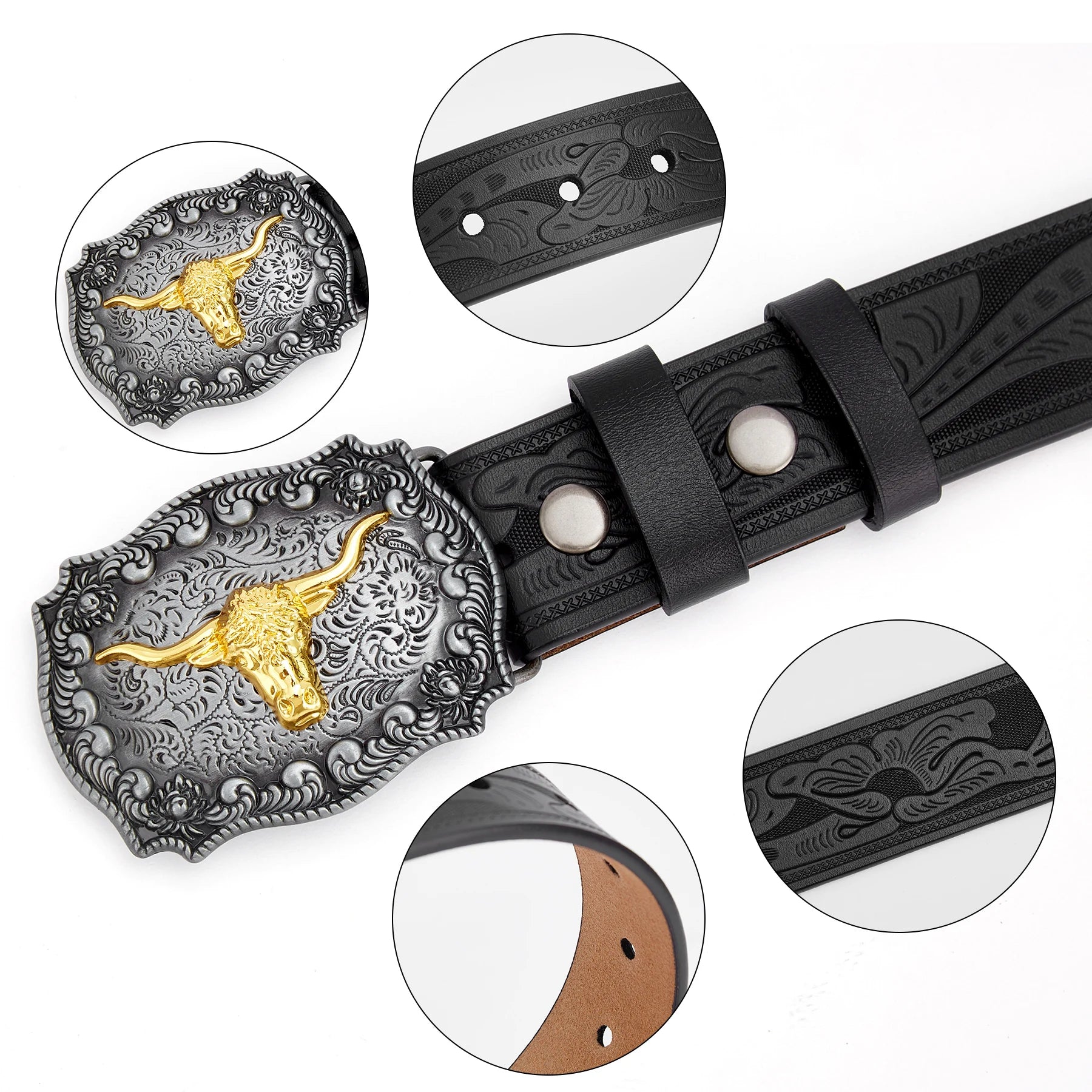 BISON DENIM Men's Western Cowboy Belt Longhorn Bull Pattern Buckle Floral Genuine Leather Engraved Belts For Men Free Shipping