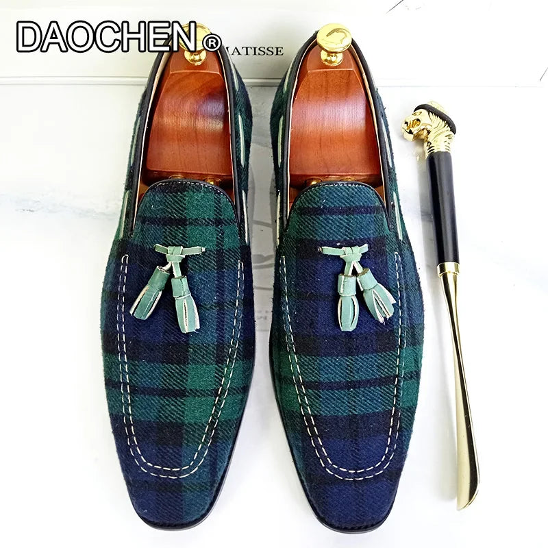 LUXURY BRAND MEN'S LOAFERS SHOES GREEN BLACK GINGHAM TASSEL SUEDE CASUAL DRESS MAN SHOES GENUINE LEATHER LOAFERS FOR MEN