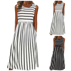 Womens Dresses Women Fashion Casual Striped Print Round Neck Sleeveless Pocket Long Dress Vestidos De Fiesta Elegantes 2024