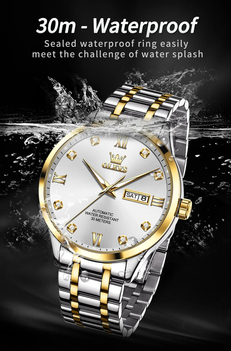 OLEVS 9946 New In Automatic Mechanical Watch for Man Luxury Diamond Dial Dual Calendar Display Auto Date Clock Waterproof Watch