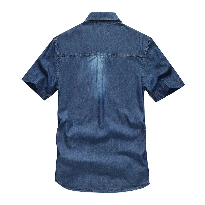 Camisas de mezclilla con múltiples bolsillos para hombre, nuevas camisas de mezclilla azules de manga corta de verano, camisas casuales de algodón de alta calidad para hombre, talla 5XL