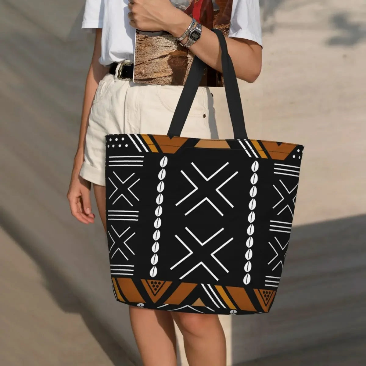 African Mud Cloth Bogolan Design Shopping Bag Shoulder Canvas Tote Bag Durable Tribal Geometric Art Groceries Shopper Bags