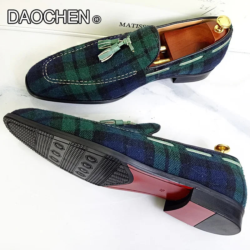 LUXURY BRAND MEN'S LOAFERS SHOES GREEN BLACK GINGHAM TASSEL SUEDE CASUAL DRESS MAN SHOES GENUINE LEATHER LOAFERS FOR MEN