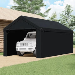 Canopy Domain 10 X 20 Foot Durable Portable Garage Carport Canopy Car Tent Sidewalls with Dual Zippers and Roll Up Door, Black