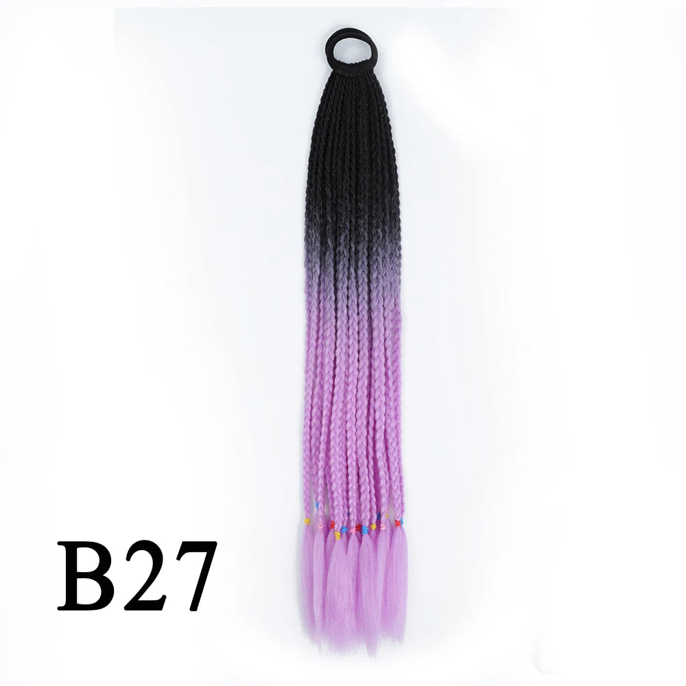 Synthetic 24 Inch Long Colored Box Braids Hair Ponytail With Rubber Bands Rainbow Twist Braided Highlights Ponytail For Women