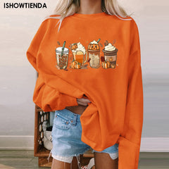 Women's Halloween Sweatshirt Colored Spooky Four Pumpkins Funny Autumn Women Long Sleeve Jumper Halloween Pullovers Top