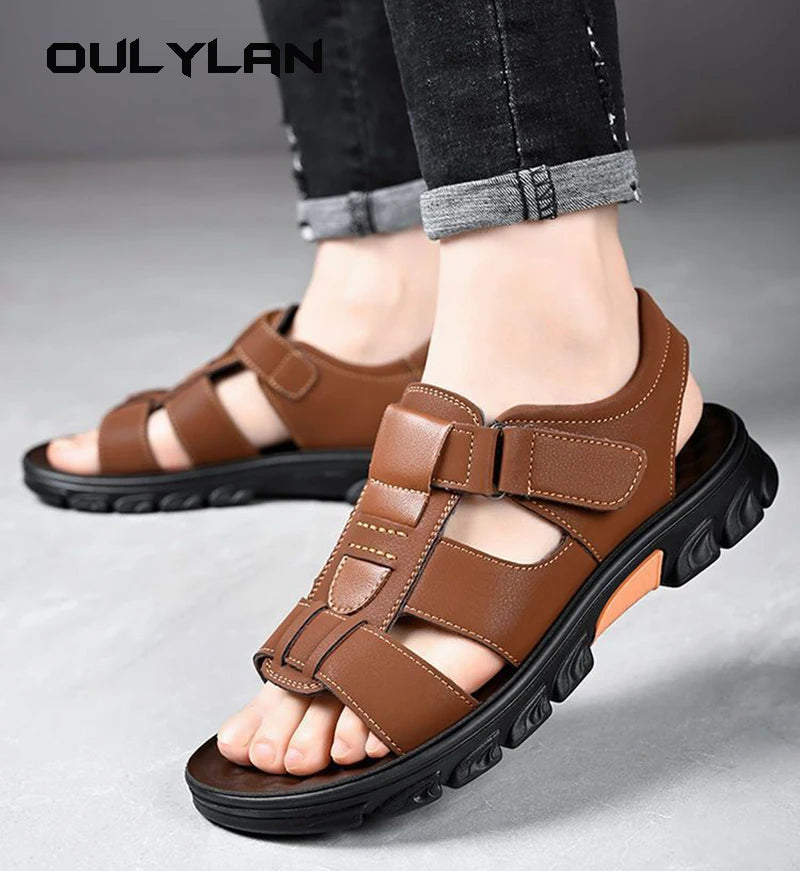 Male Summer Sandals Men's Beach Shoes Open Toe Slippers Outdoor Non-Slip Thick-soled Leather Sandals 2024 Men Outdoor Sandals