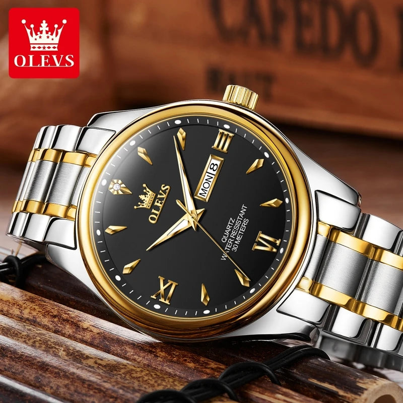 OLEVS Fashion Brand Original Men's Watches Week Calendar Luminous Quartz Watch for Men Waterproof Stainless Steel Strap Business